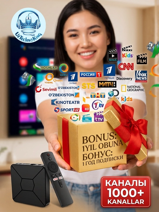 Q5 plus 4k ultra hd — 1000+ kanal, 1 yil bepul! Ovozli pult, android tv box