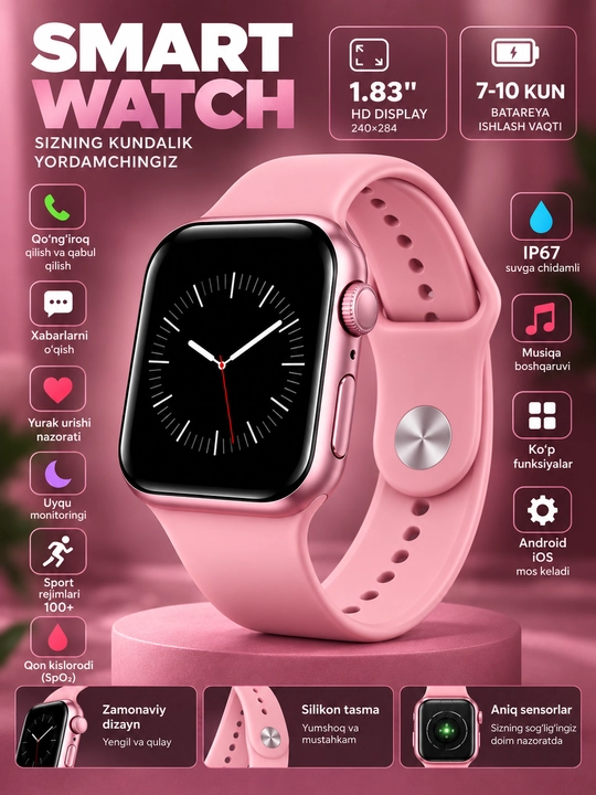 Smart Watch 1.83" HD, Bluetooth qo‘ng‘iroq, IP67, yurak urishi va SpO₂ nazorati