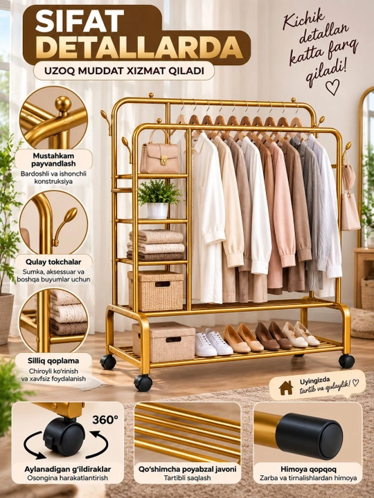 Kiyimlar uchun metall polga qo‘yiladigan ilgich, 2 ta ko‘ndalang tayoqchali