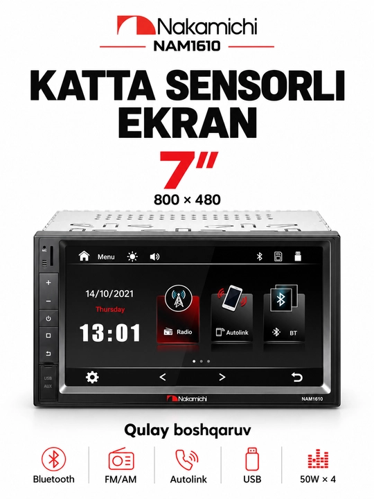 Nakamichi NAM1610 va NAM1712 avtomagnitola, 7 dyuymli ekran, Bluetooth, USB, FM/AM