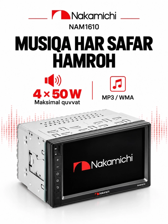 Nakamichi NAM1610 va NAM1712 avtomagnitola, 7 dyuymli ekran, Bluetooth, USB, FM/AM