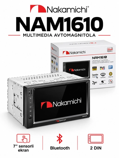 Nakamichi NAM1610 va NAM1712 avtomagnitola, 7 dyuymli ekran, Bluetooth, USB, FM/AM - 