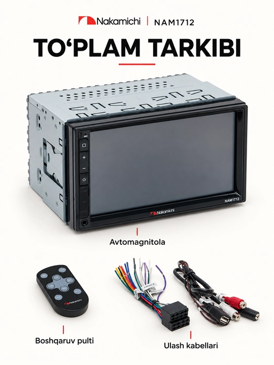 Nakamichi NAM1610 va NAM1712 avtomagnitola, 7 dyuymli ekran, Bluetooth, USB, FM/AM