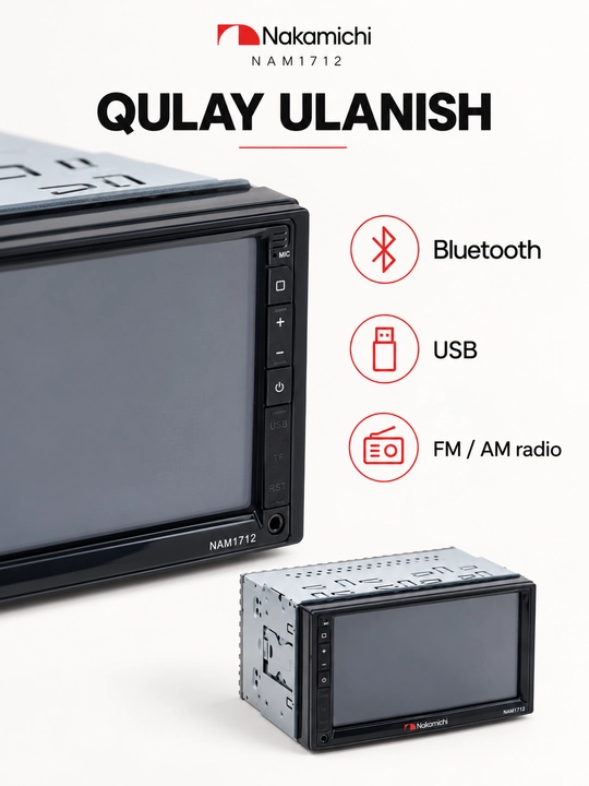 Nakamichi NAM1610 va NAM1712 avtomagnitola, 7 dyuymli ekran, Bluetooth, USB, FM/AM