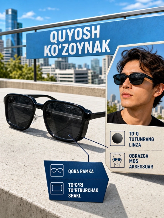 Erkaklar quyosh ko‘zoynagi — uslub va qulaylik. Qora to‘rtburchak ramka. Har kun uchun - 