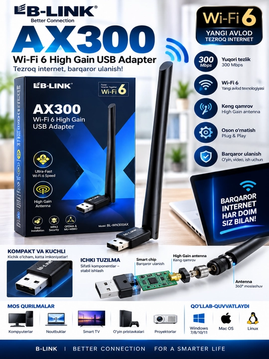 B-LINK AX300 Wi-Fi 6 USB Wi-Fi адаптер с антенной High Gain