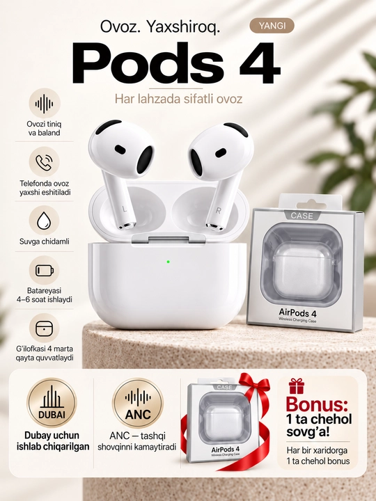Simsiz quloqchinlar Pods 4, iPhone va Android uchun simsiz naushniklar - 
