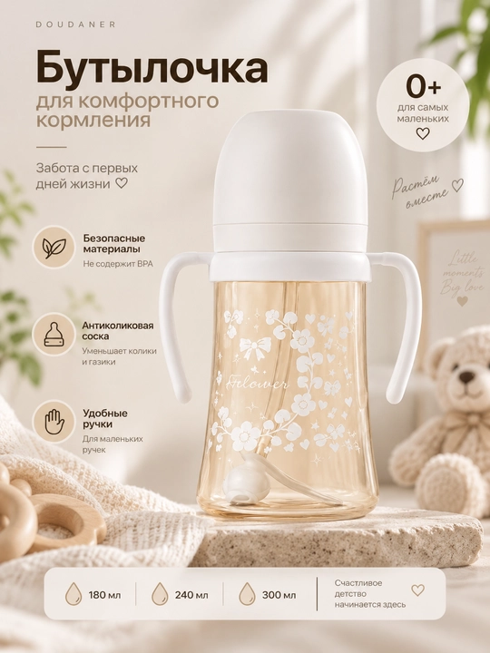 Oziqlantirish butilkasi 180-300 ml, tutqichli va naychali, kolikaga qarshi, akril, 0+ - 