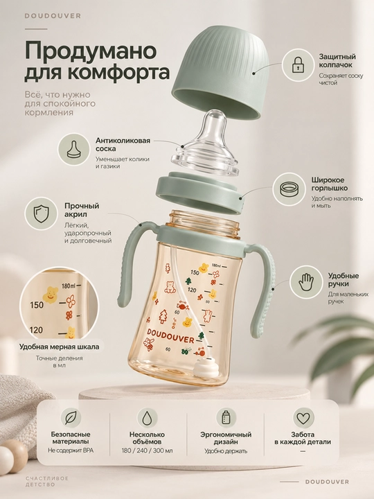 Бутылочка для кормления 180-300 мл с ручками и трубочкой, антиколиковая, акриловая, 0+