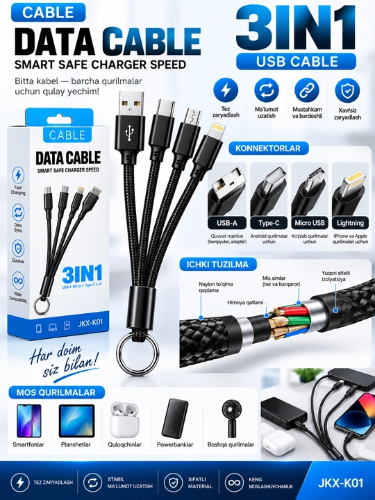 JKX-K01 3-in-1 Data Cable, USB kabel, Micro USB / Type-C / Lightning