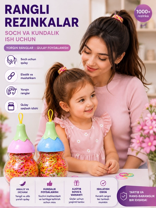 Rangli rezinka, soch rezinkasi, elastik rezinka, soch uchun rezinka, uy anjomi, bog‘ichlar - 