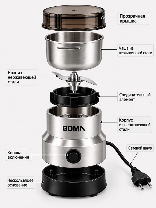 Elektr kofe maydalagich BOMA BM-661, 150 Vt, 300 ml, ko‘p funksiyali