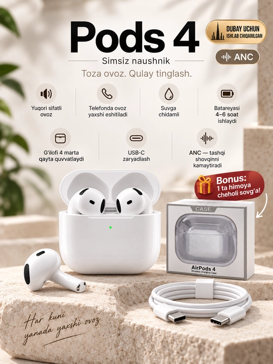 Simsiz quloqchinlar Pods 4, iPhone va Android uchun simsiz naushniklar