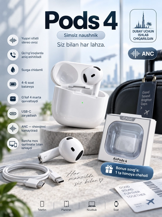 Simsiz quloqchinlar Pods 4, iPhone va Android uchun simsiz naushniklar