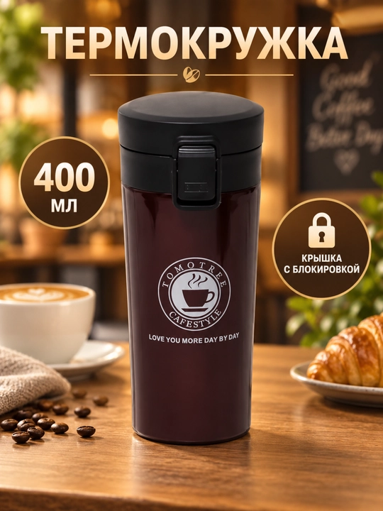 Kofe va choy uchun po‘lat termos-krujka, 400 ml, qopqog‘ida qulfli himoya mavjud