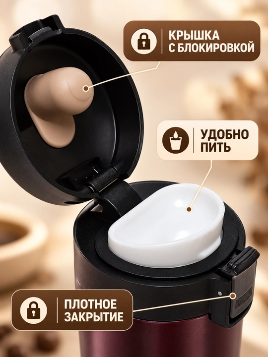 Kofe va choy uchun po‘lat termos-krujka, 400 ml, qopqog‘ida qulfli himoya mavjud