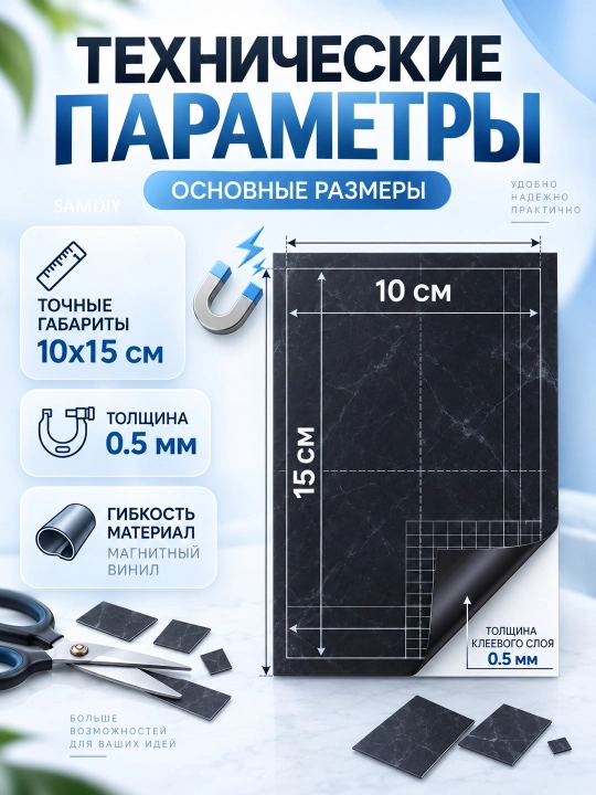 Магнитный винил, 10×15 см, с клеевым слоем, 0,5 мм, самоклеящийся магнитный лист