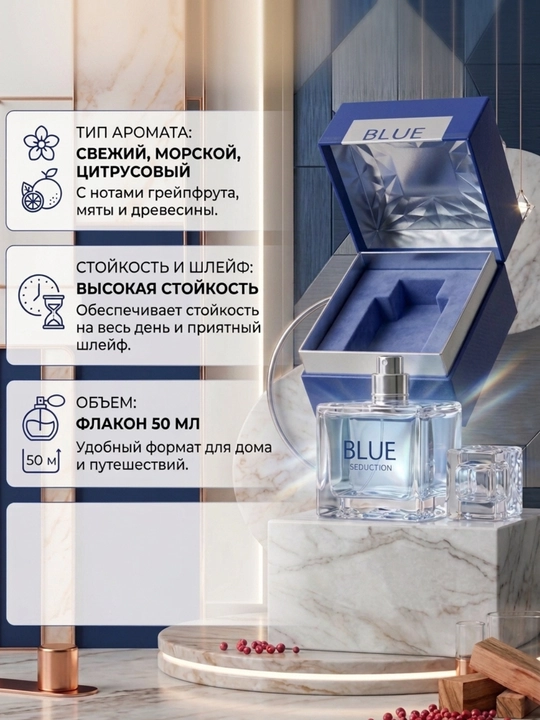 Aumeka Blue Seduction erkaklar atiri, tualet suvi EDT, 50 ml, yangi va boy hid - 