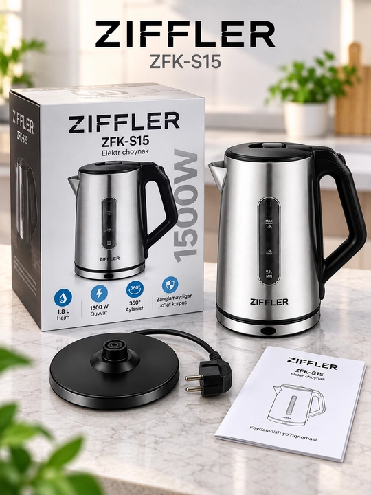 ZIFFLER ZFK-S15 elektr choynagi, 1,8 litrli, 1500 Vt quvvatli, zanglamaydigan po‘latdan yasalgan, 360 darajaga burish imkoniyatiga ega°