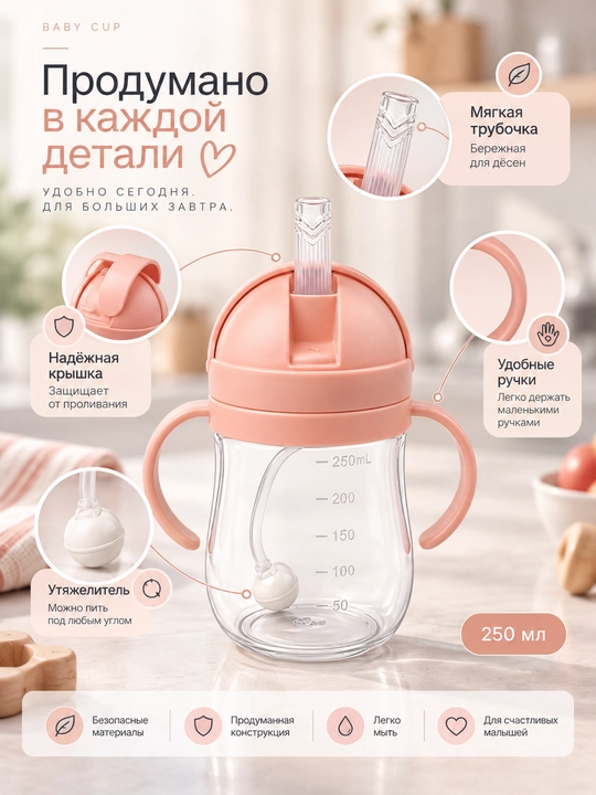 Детская бутылочка акрил, с силиконовой соской, антиколиковая, с трубочкой и шариком 360°