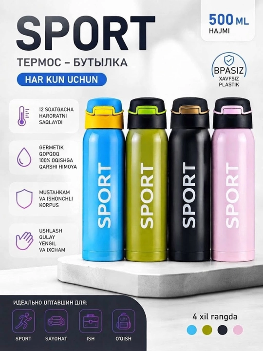 SPORT 500 ml li termos-shisha, suv uchun idishli shisha, germetik qopqoqli - 