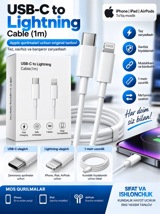 USB-C dan USB-C ga kabel 1 m, to‘qilgan qoplamali, zaryadlash va ma’lumot uzatish uchun - 