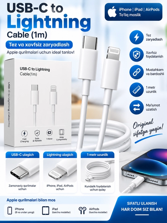 USB-C dan USB-C ga kabel 1 m, to‘qilgan qoplamali, zaryadlash va ma’lumot uzatish uchun