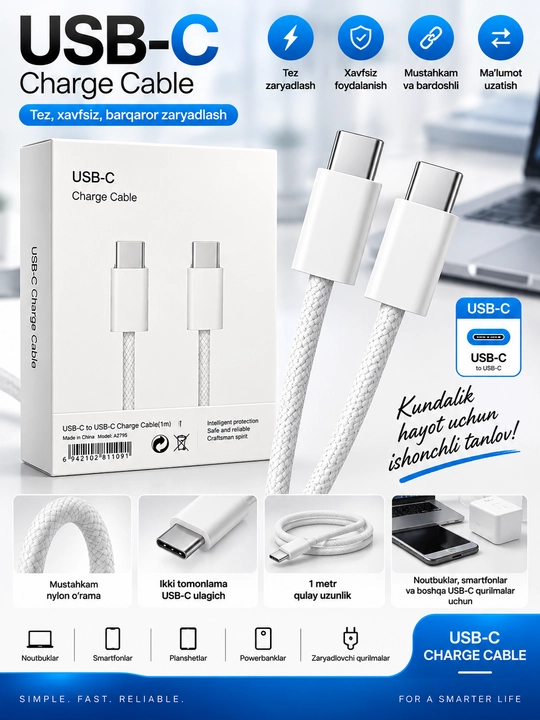 Кабель USB-C → USB-C 1 м, с плетёной оплёткой, для зарядки и передачи данных