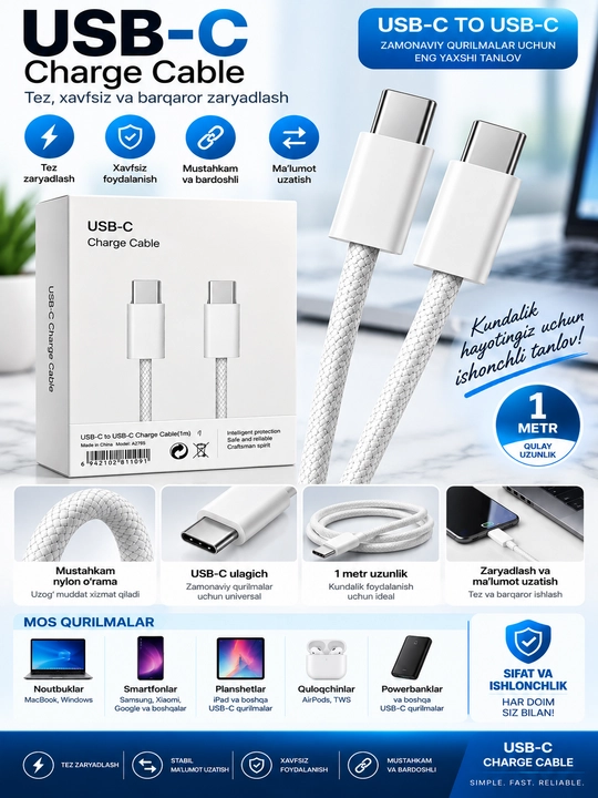 USB-C dan USB-C ga kabel 1 m, to‘qilgan qoplamali, zaryadlash va ma’lumot uzatish uchun - 