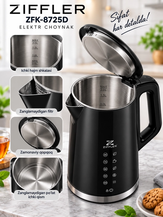 ZIFFLER ZFK-8725D 2 litr harorat boshqaruvli elektr choynak