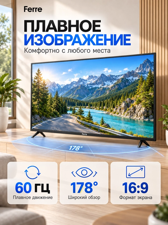 Смарт телевизор FERRE 43" с AI функциями, FHD, LED с поддержкой цифрового ТВ, HDMI и USB