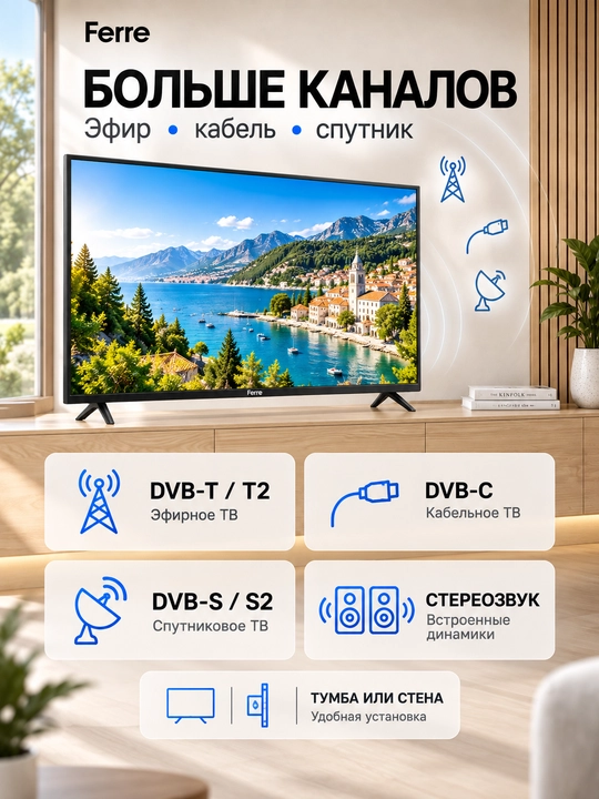 Смарт телевизор FERRE 43" с AI функциями, FHD, LED с поддержкой цифрового ТВ, HDMI и USB
