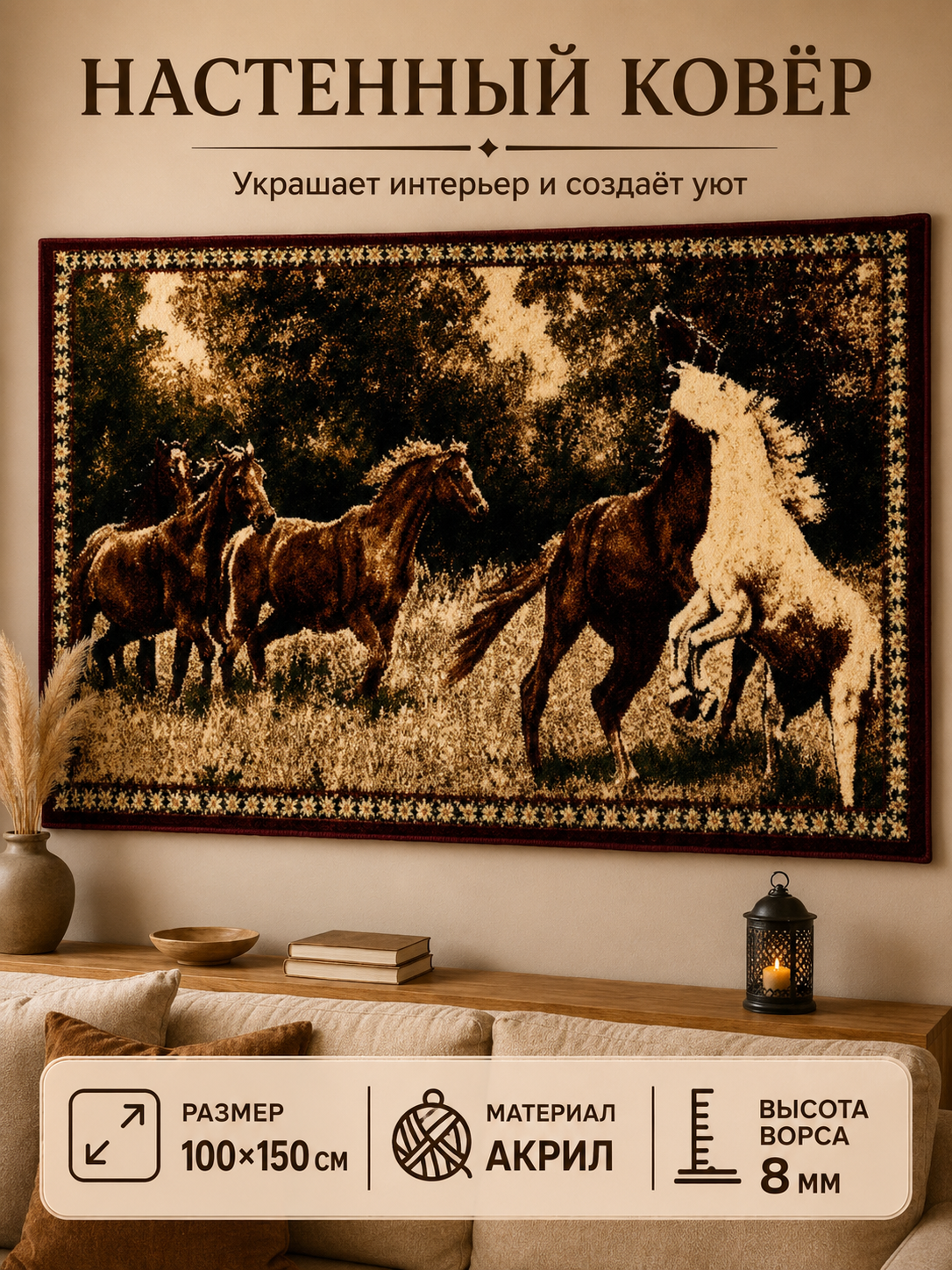 Декоративный настенный ковёр с лошадьми 100×150 см, акрил, ворс 8 мм — для интерьера - 