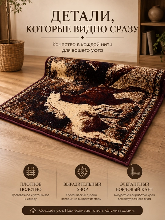 Otlar tasvirli dekorativ devoriy gilam 100×150 sm — akril, tuk 8 mm, uy interyeri uchun