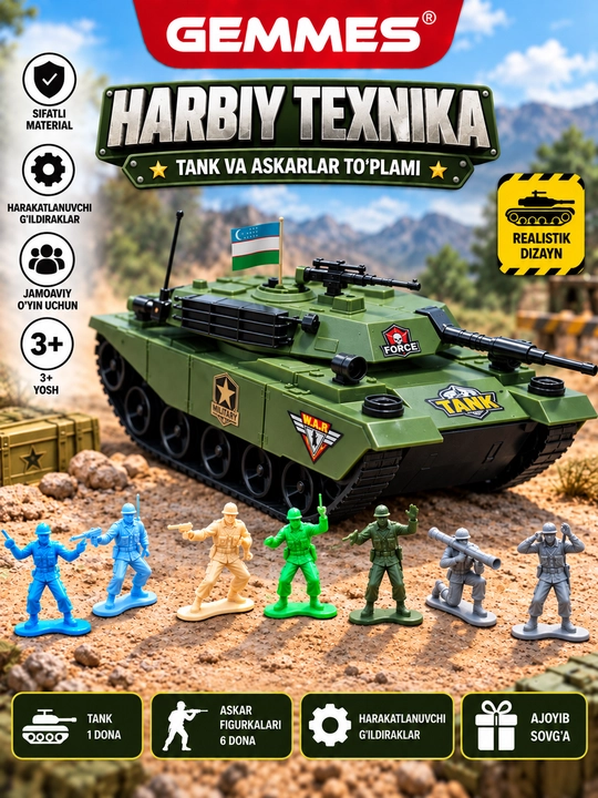 Игрушечный Танк, большой размер, с подвижными колёсами - 