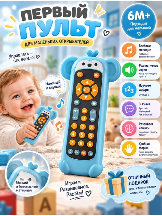 Bolalar uchun interaktiv pult, musiqa va tovushlar bilan, 3 tilda, 6+ oy