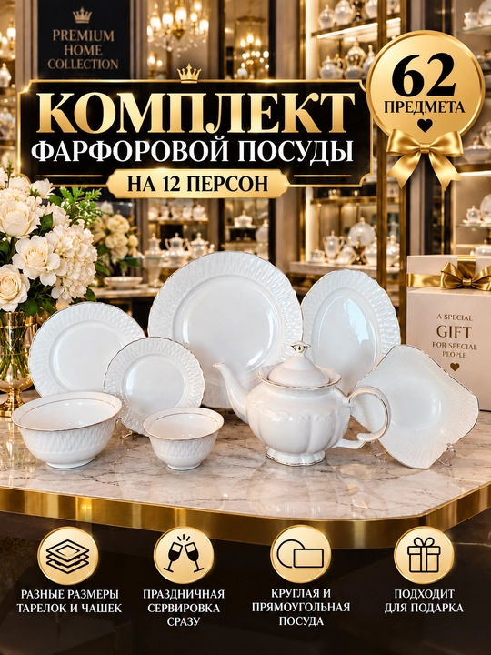 "Sultan" chinni idishlari to‘plami, 12 kishiga mo‘ljallangan, 12 xil, 62 ta buyum