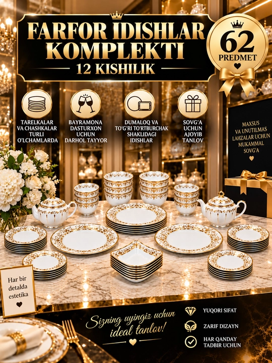 Набор фарфоровой посуды "Sultan", на 12 персон, 12 видов, 62 предмета - 