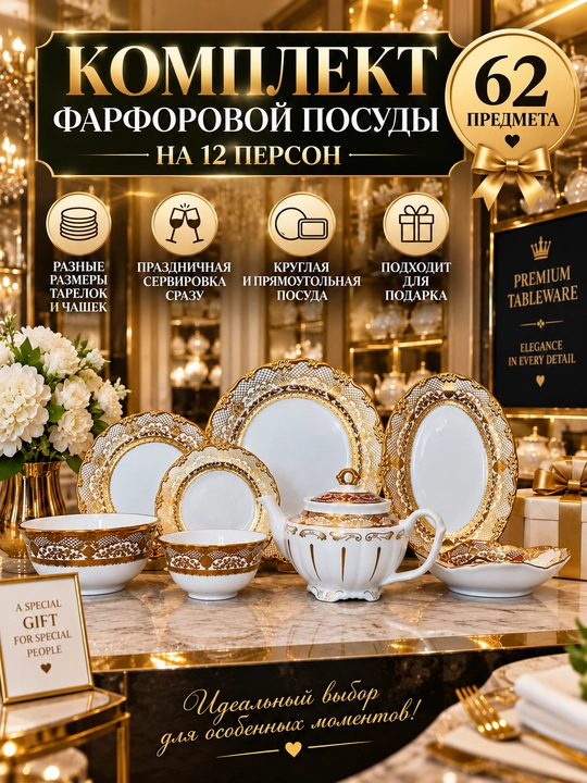 "Sultan" chinni idishlari to‘plami, 12 kishiga mo‘ljallangan, 12 xil, 62 ta buyum
