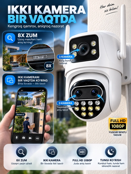 Aqlli Wi-Fi kamera, PTZ kuzatuv kamerasi tashqi kamera Full HD 360 darajali kamera