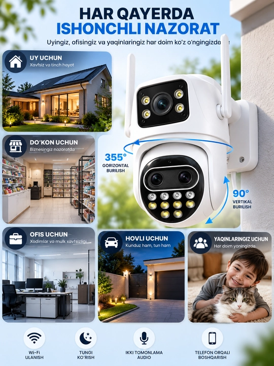 Aqlli Wi-Fi kamera, PTZ kuzatuv kamerasi tashqi kamera Full HD 360 darajali kamera