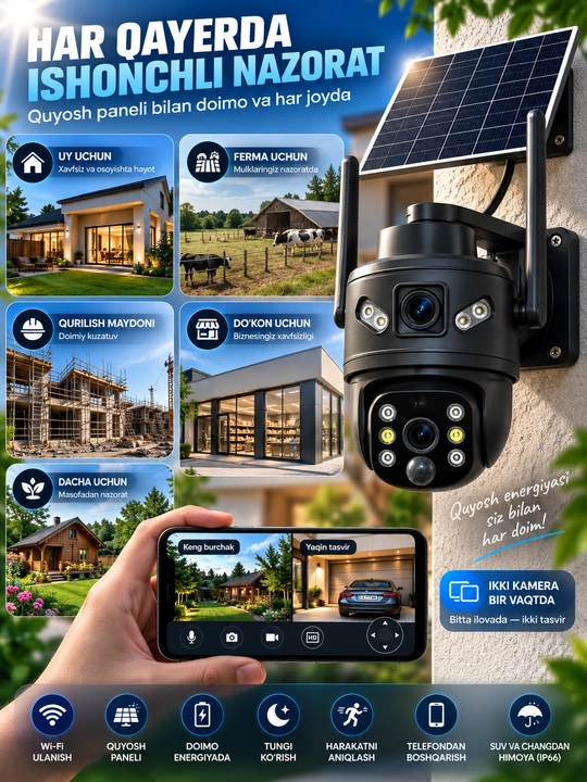 Aqlli Wi-Fi kamera, PTZ kuzatuv kamerasi tashqi kamera Full HD 360 darajali kamera