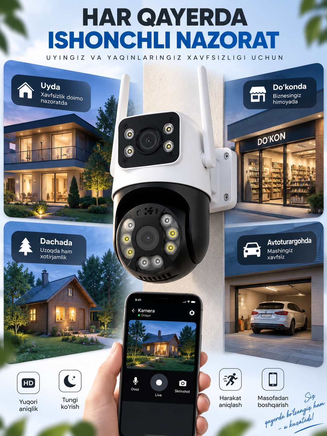 Aqlli Wi-Fi kamera, PTZ kuzatuv kamerasi tashqi kamera Full HD 360 darajali kamera