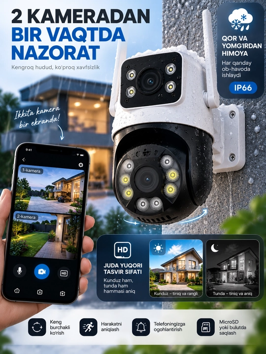 Aqlli Wi-Fi kamera, PTZ kuzatuv kamerasi tashqi kamera Full HD 360 darajali kamera