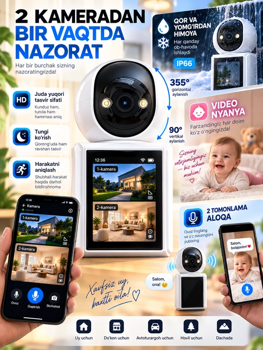 Aqlli Wi-Fi kamera, PTZ kuzatuv kamerasi tashqi kamera Full HD 360 darajali kamera