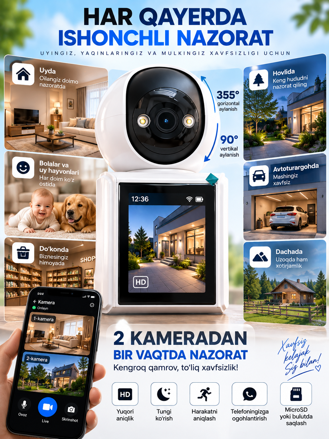 Aqlli Wi-Fi kamera, PTZ kuzatuv kamerasi tashqi kamera Full HD 360 darajali kamera