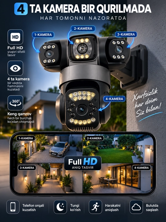 Aqlli Wi-Fi kamera, PTZ kuzatuv kamerasi tashqi kamera Full HD 360 darajali kamera