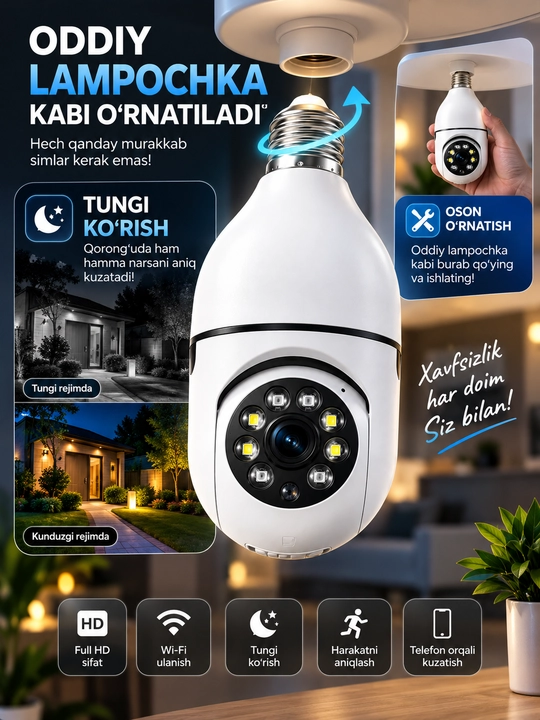Aqlli Wi-Fi kamera, PTZ kuzatuv kamerasi tashqi kamera Full HD 360 darajali kamera