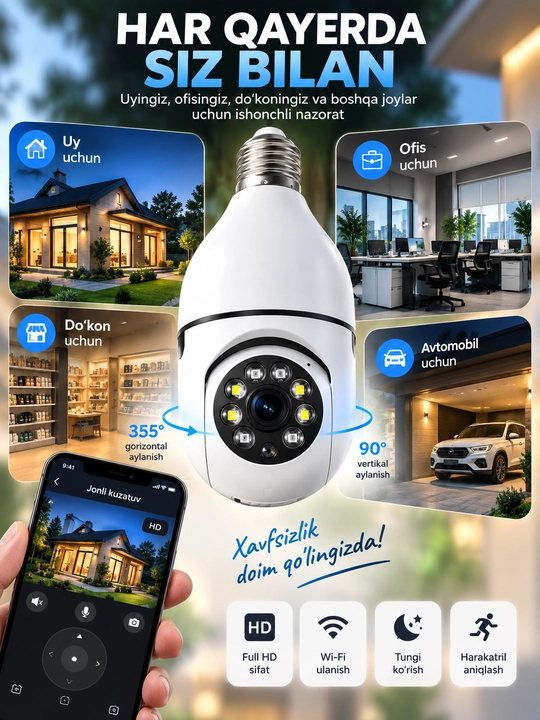 Aqlli Wi-Fi kamera, PTZ kuzatuv kamerasi tashqi kamera Full HD 360 darajali kamera