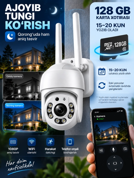 Aqlli Wi-Fi kamera, PTZ kuzatuv kamerasi tashqi kamera Full HD 360 darajali kamera